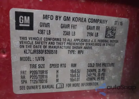 2015 Chevrolet Trax Lt z USA, uszkodzony, nr VIN KL7CJRSB0FB260518